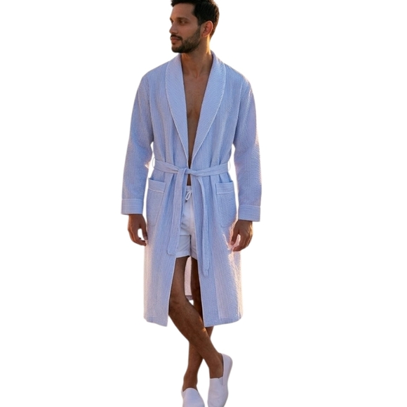 Men's Classic Stripe Cotton Seersucker Robe - Picture 5 of 5